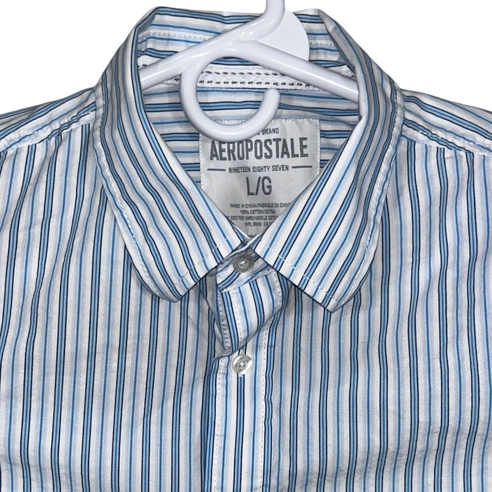 Aeropostale Mens Large Blue White Striped Long Sleeve Button Down‎ Shirt Cotton